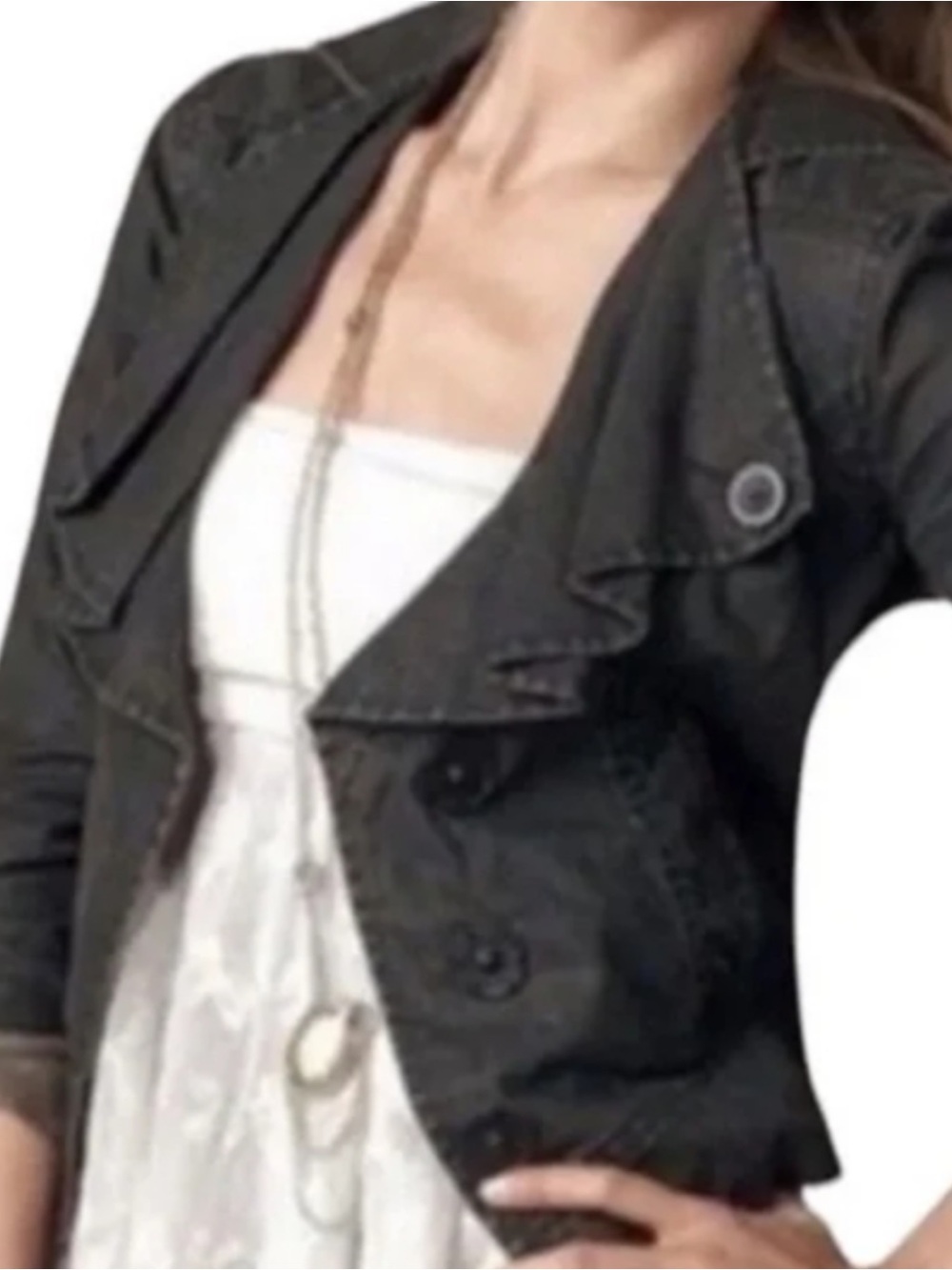 Cabi Waxed Linen Moto Jacket Charcoal Black Ruffle Cropped Style 901 Size Small